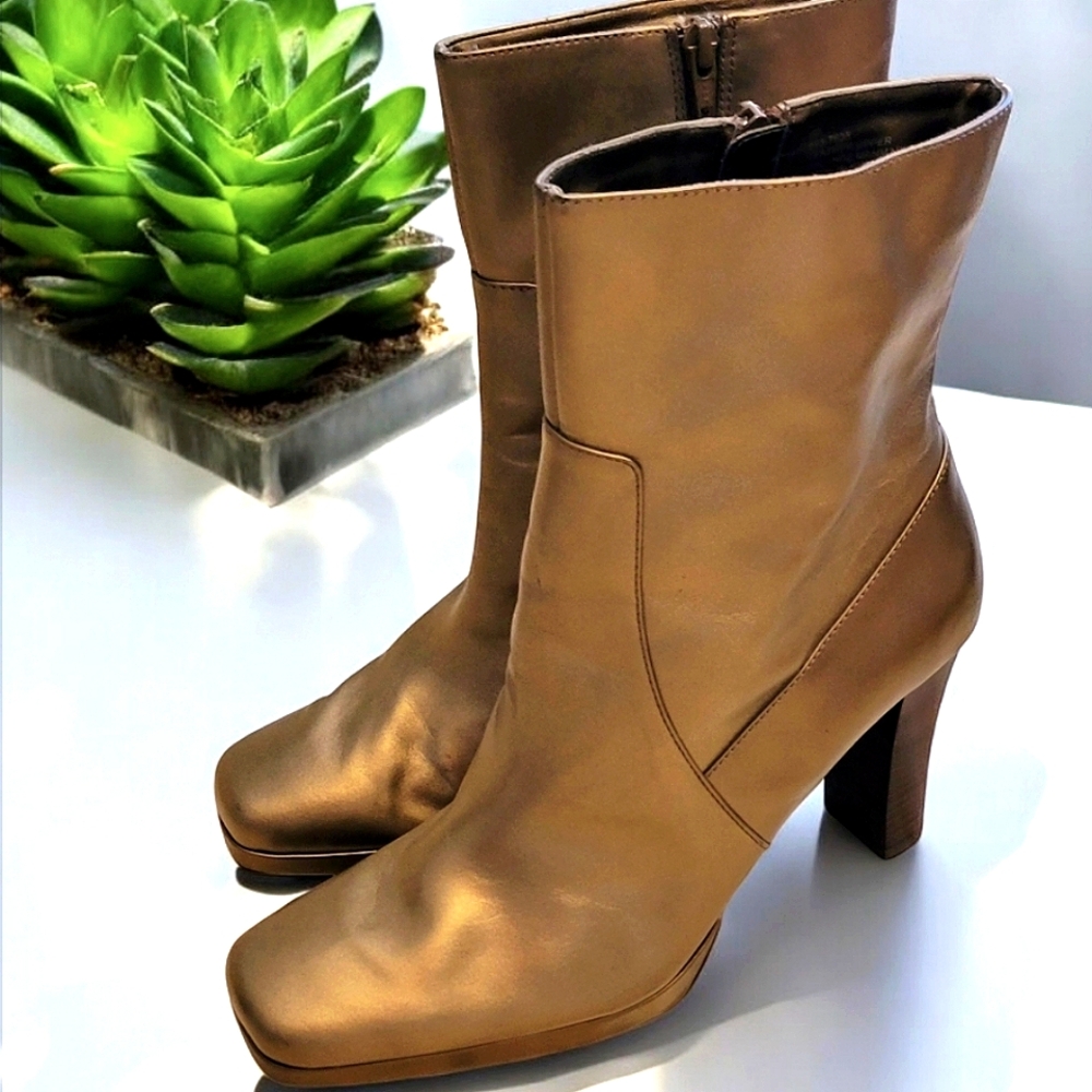WORTHINGTON Bronze Metallic | Size 10 Leather Zippered Mid-calf Boots | NWOT